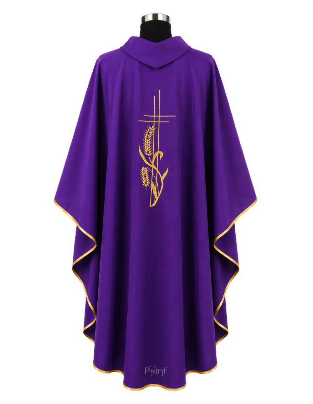 Purple Priest Chasuble with Cross and Wheat Embroidery Back View on Mannequin