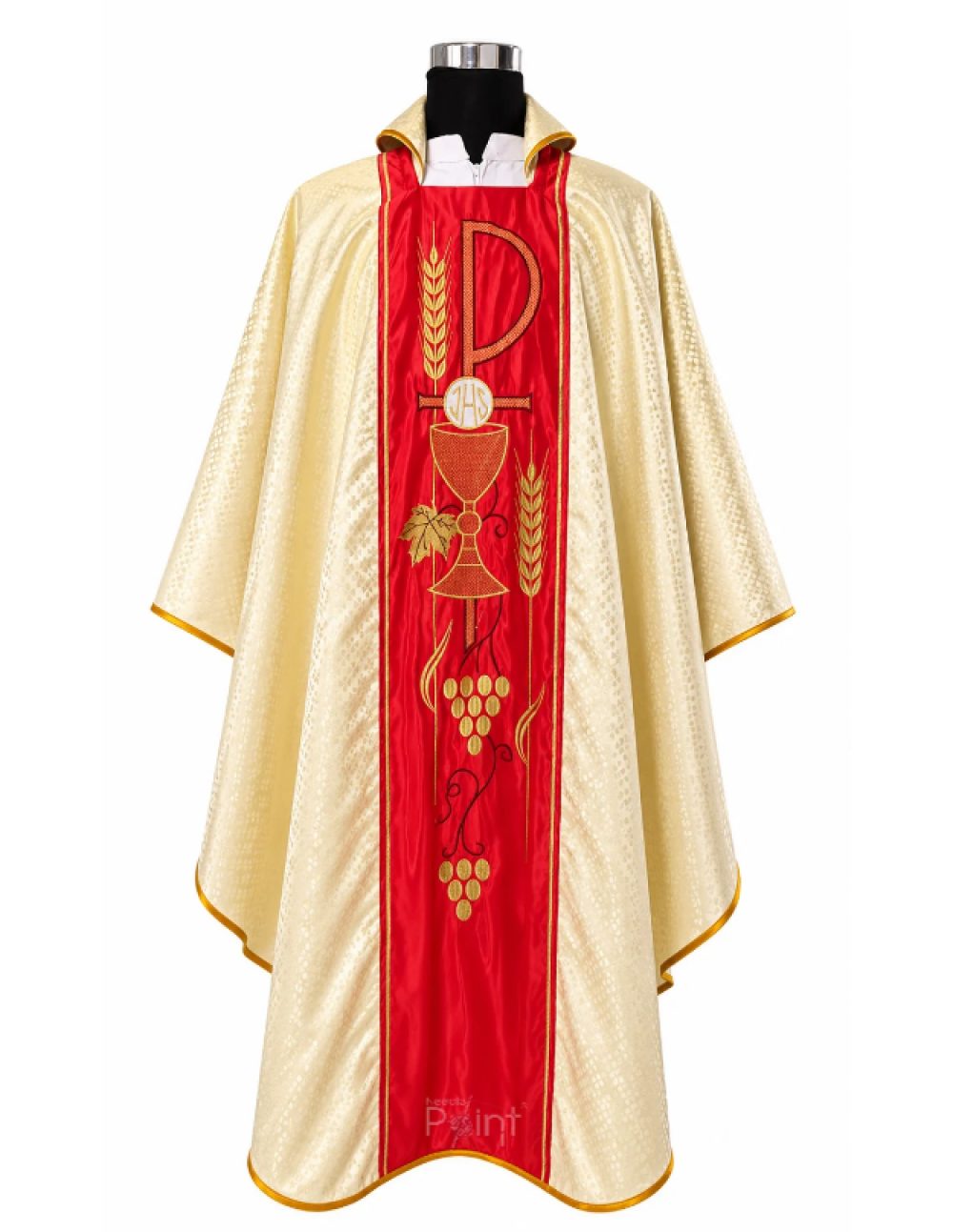 Golden Priest Chasuble with Chi-Rho Chalice and Eucharistic Embroidery Front View on Mannequin