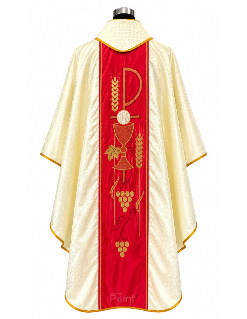Golden Priest Chasuble with Chi-Rho Chalice and Eucharistic Embroidery Back View on Mannequin