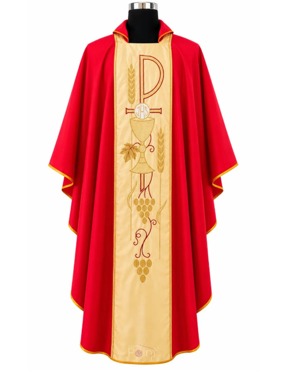 Red Priest Chasuble with Chi-Rho Chalice and Eucharistic Embroidery Back View on Mannequin