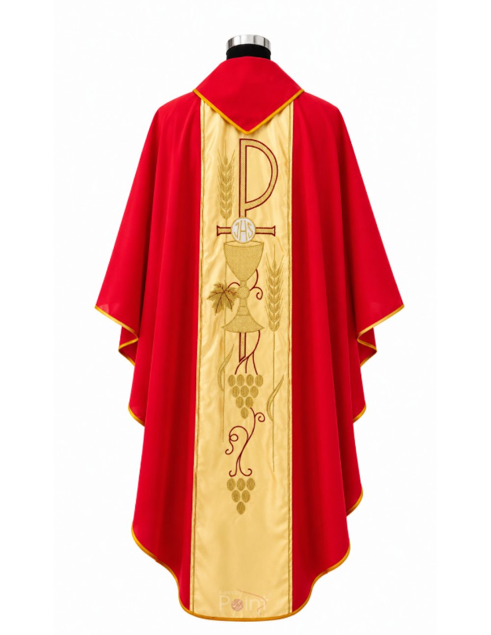 Red Priest Chasuble with Chi-Rho Chalice and Eucharistic Embroidery Front View on Mannequin