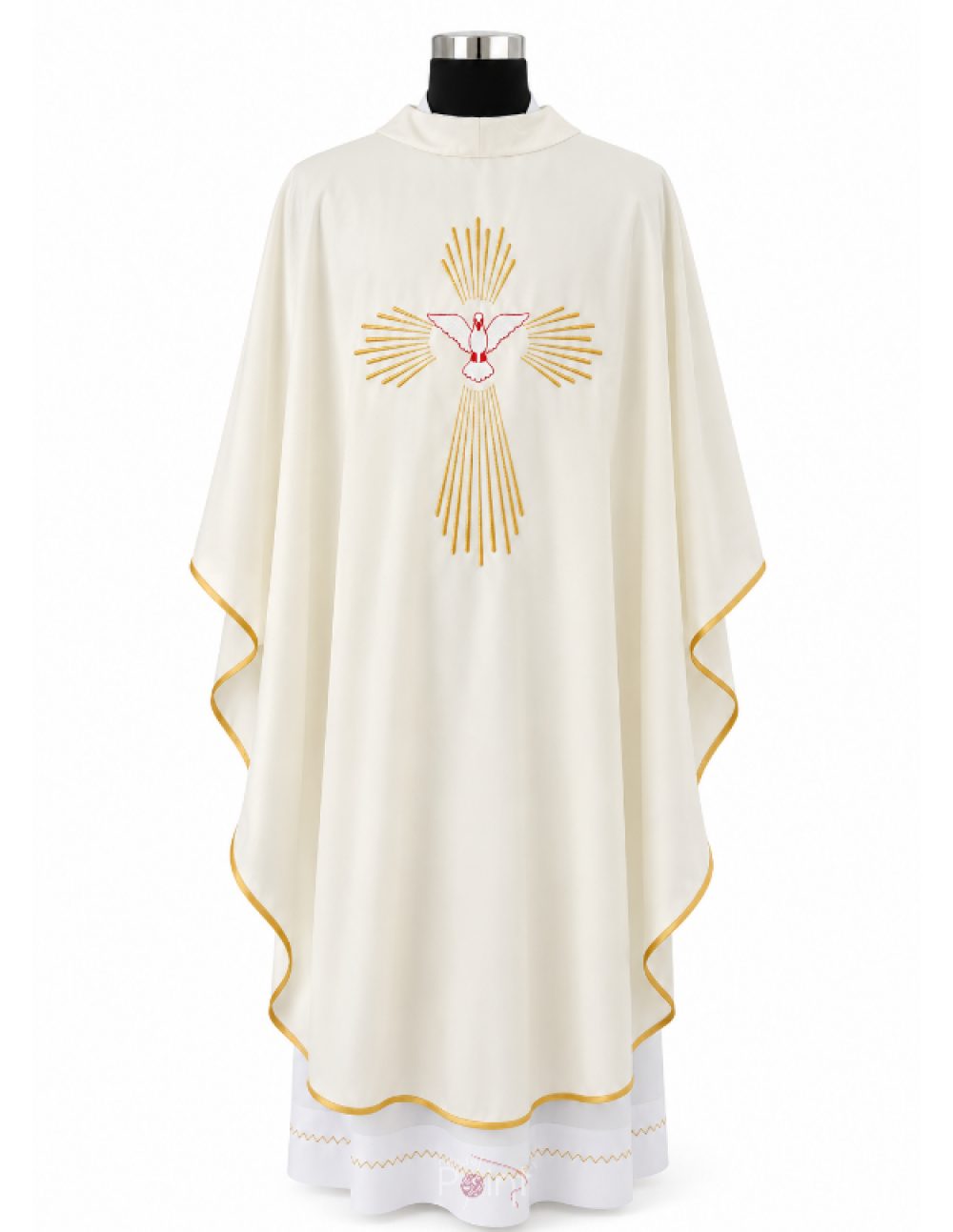 Cream Priest Chasuble with Holy Spirit Dove and Radiant Cross Embroidery Front View on Mannequin