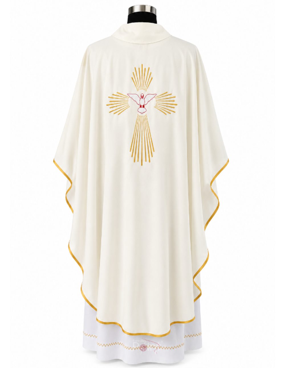 Cream Priest Chasuble with Holy Spirit Dove and Radiant Cross Embroidery Back View on Mannequin