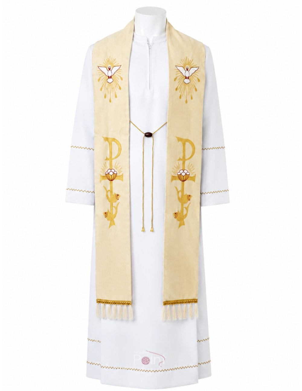 Cream Priest Stole with Holy Spirit Dove Chi-Rho and Ichthys Embroidery Front View on Mannequin