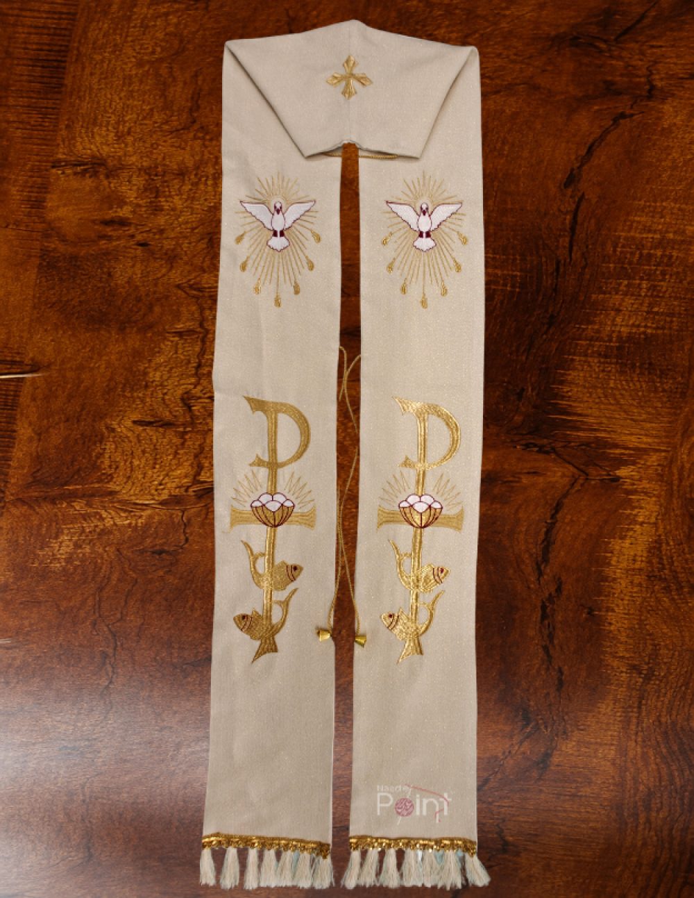 Cream Priest Stole with Holy Spirit Dove Chi-Rho and Ichthys Embroidery Flat Lay View