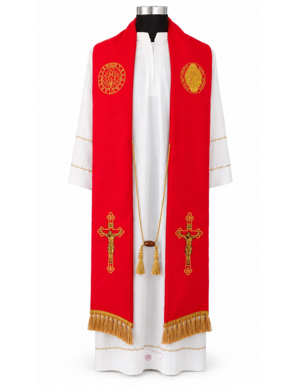 Red Priest Stole with Saint Benedict Medal and Crucifix Embroidery Front View on Mannequin