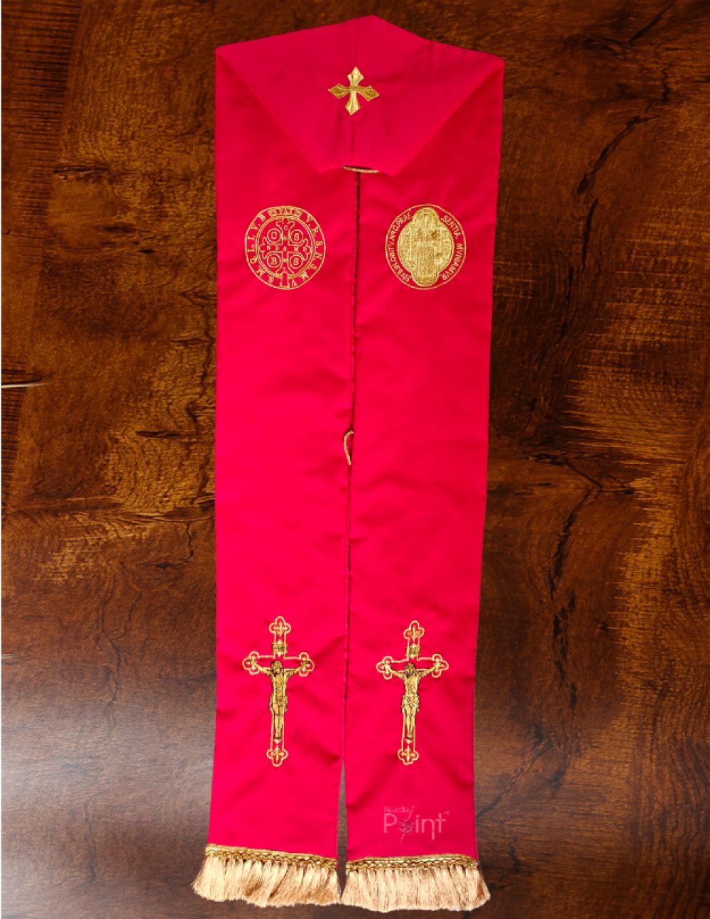 Red Priest Stole with Saint Benedict Medal and Crucifix Embroidery Flat Lay View