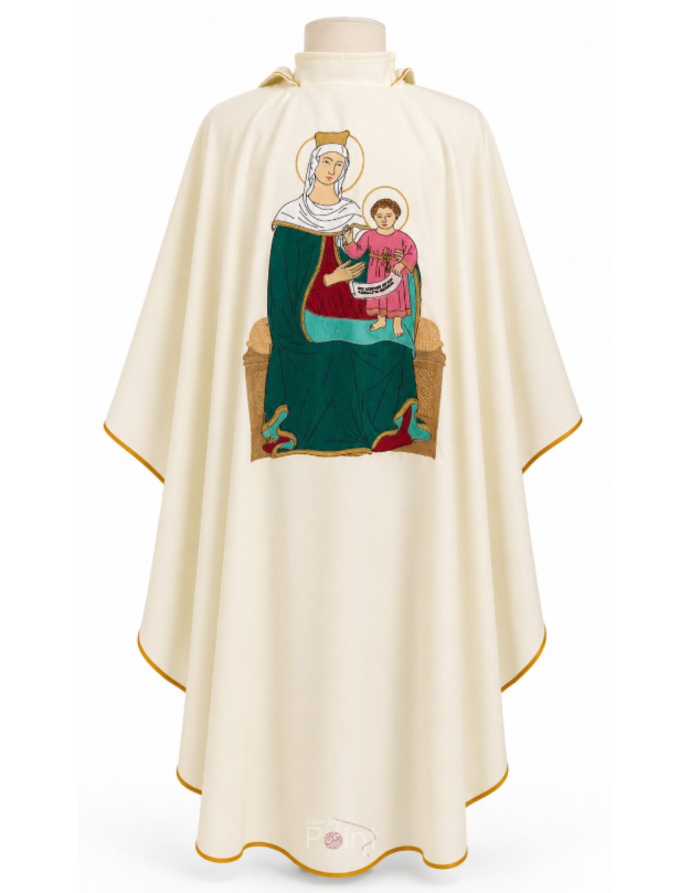 Cream Priest Chasuble with Our Lady of the Light and OSMdL Embroidery Front View on Mannequin