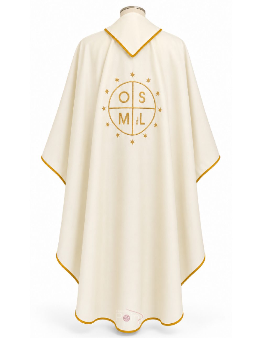 Cream Priest Chasuble with Our Lady of the Light and OSMdL Embroidery Back View on Mannequin