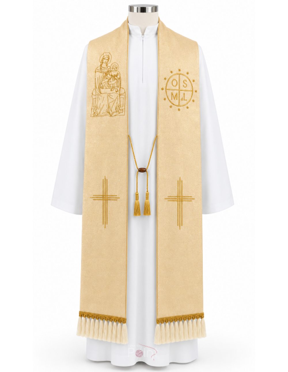 Cream Priest Stole with Our Lady of the Light and OSMdL Embroidery Front View on Mannequin