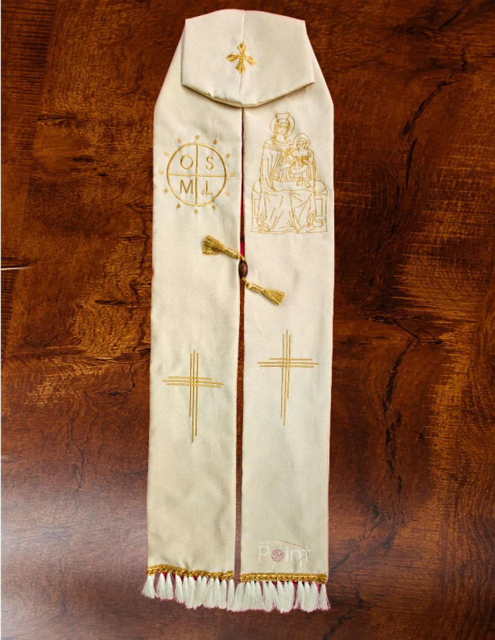 Cream Priest Stole with Our Lady of the Light and OSMdL Embroidery Flat Lay View