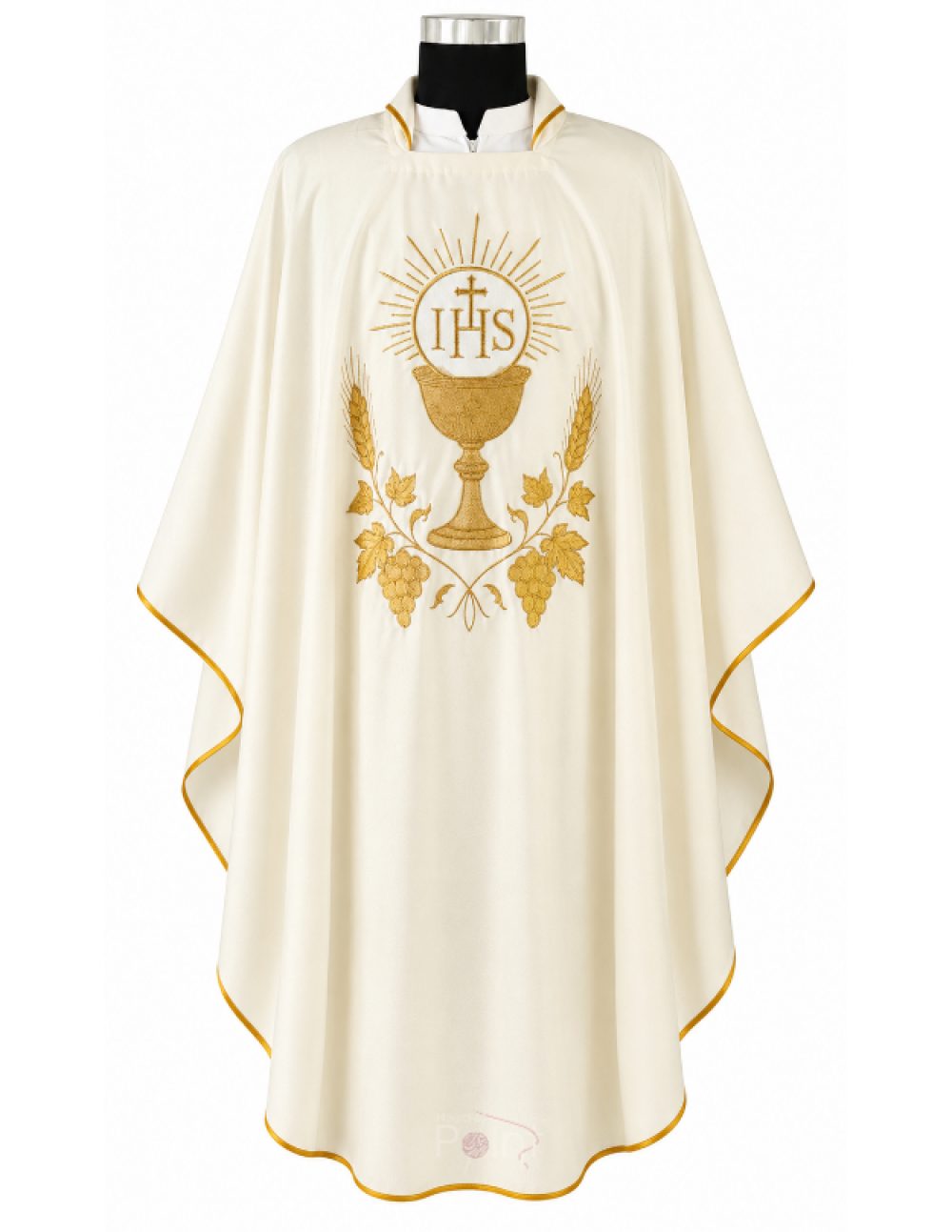 Cream Priest Chasuble with IHS Chalice Wheat and Grapevine Embroidery Front View on Mannequin