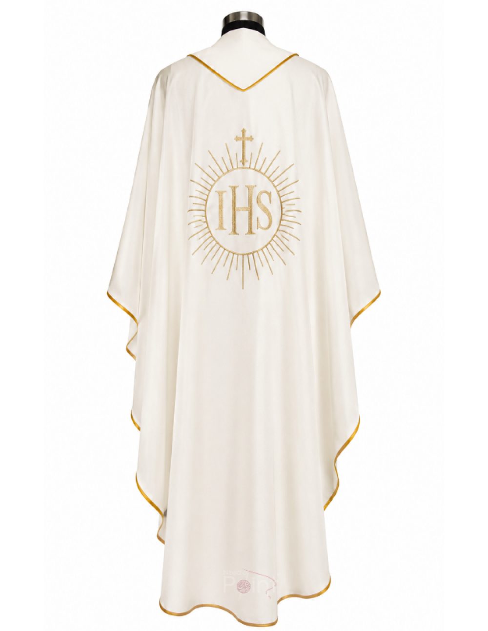 Cream Priest Chasuble with IHS Chalice Wheat and Grapevine Embroidery Back View on Mannequin