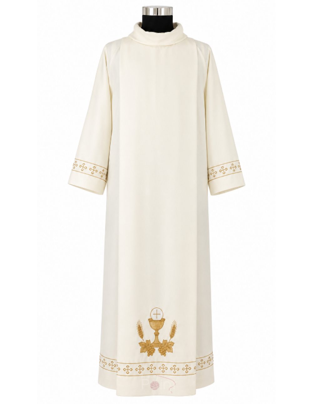 Cream Priest Alb with IHS Chalice Wheat and Grapevine Embroidery Front View on Mannequin