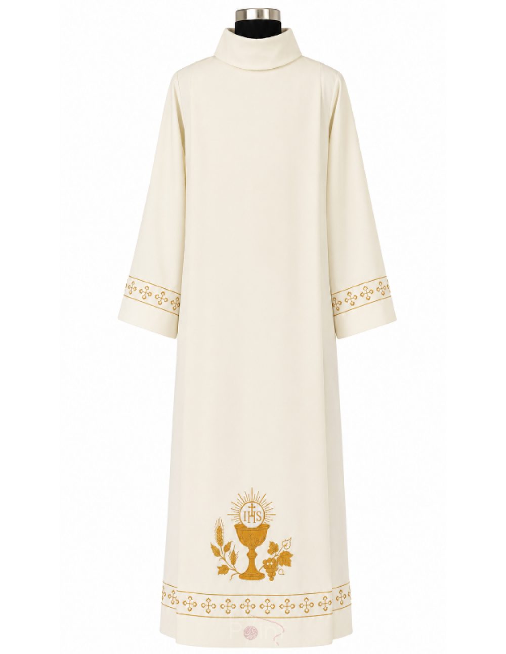 Cream Priest Alb with IHS Chalice and Cross Embroidery Front View on Mannequin