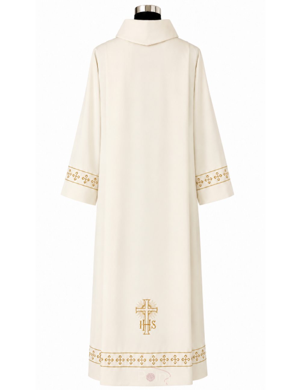 Cream Priest Alb with IHS Chalice and Cross Embroidery Back View on Mannequin