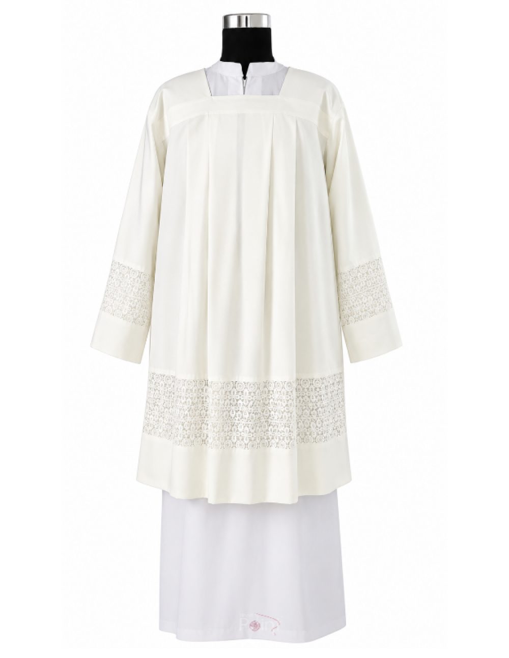 Cream Priest Surplice with Floral Lace Cutwork Border Front View on Mannequin