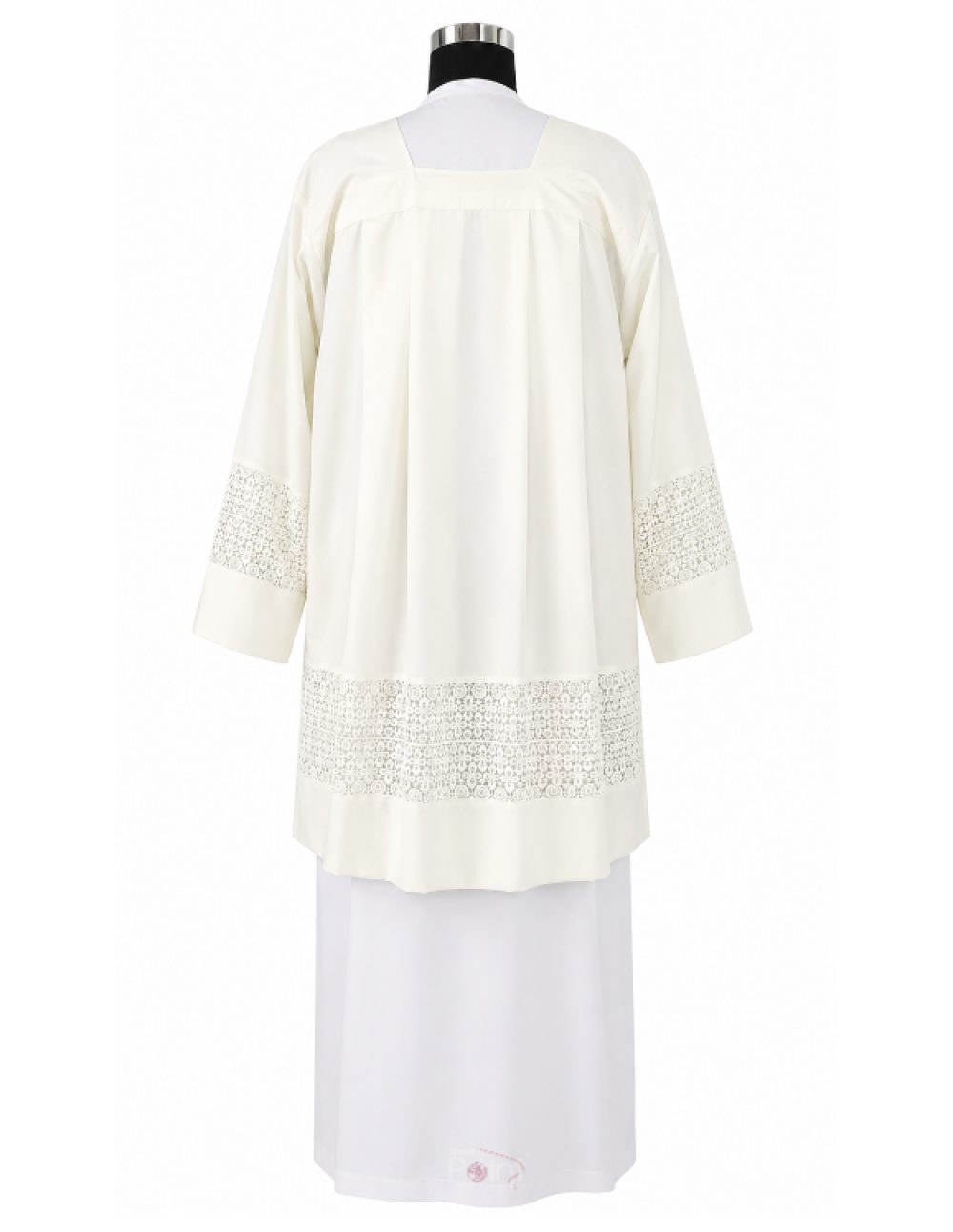 Cream Priest Surplice with Floral Lace Cutwork Border Back View on Mannequin