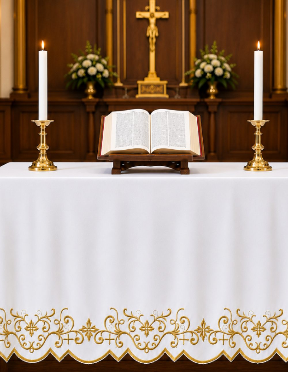 Scroll Vine & Cross Embroidered Altar Table Cover