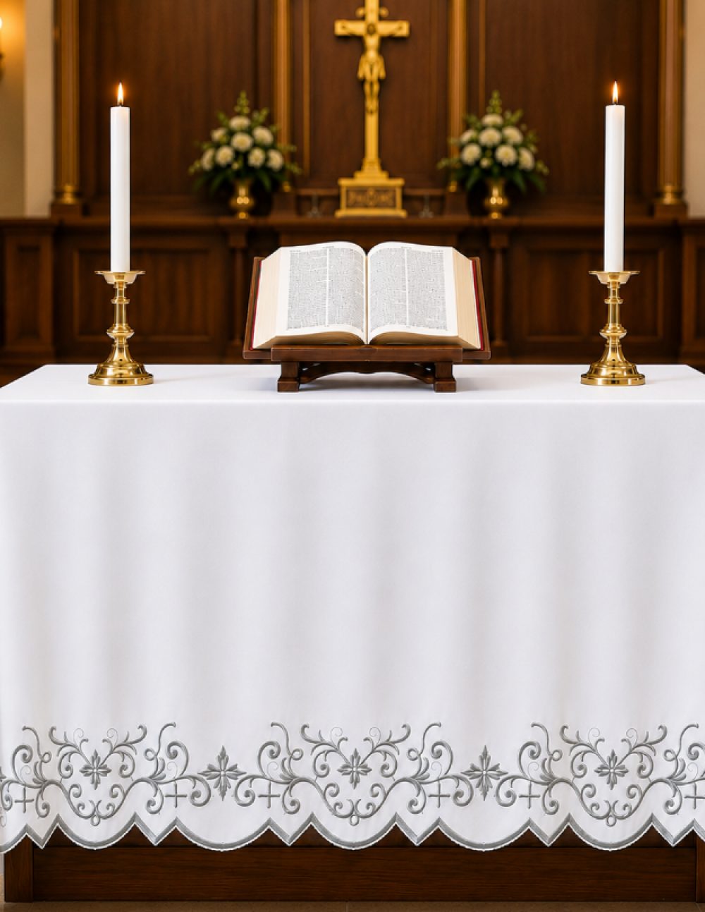Scroll Vine & Cross Embroidered Altar Table Cover in Silver