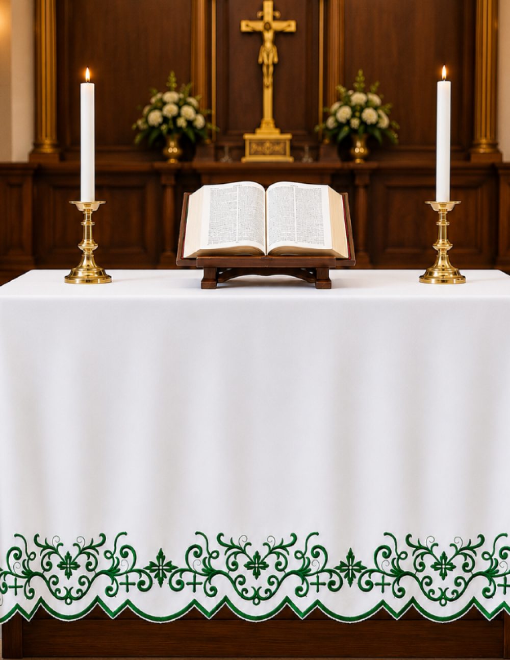 Scroll Vine & Cross Embroidered Altar Table Cover in Green