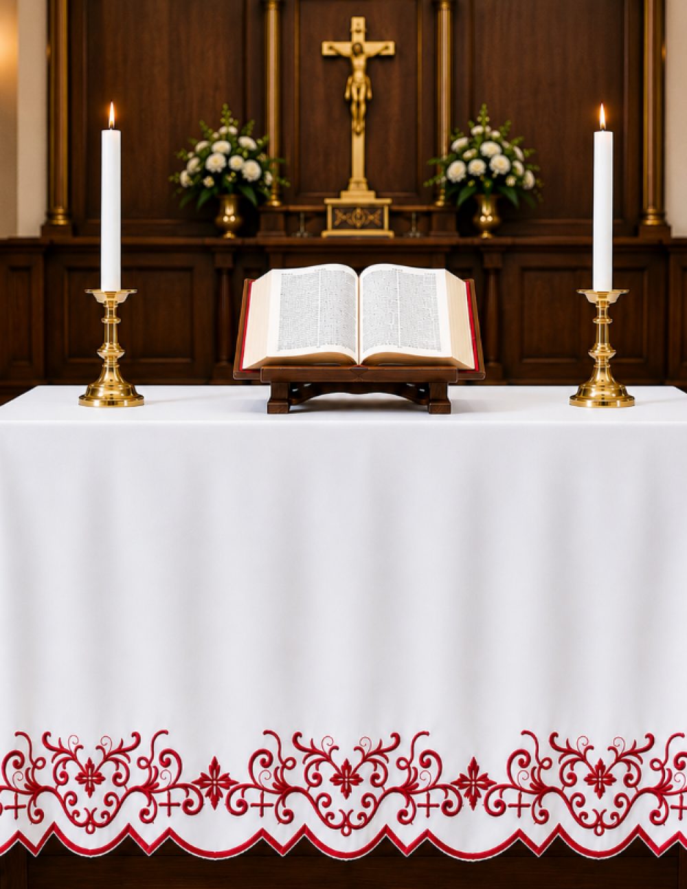 Scroll Vine & Cross Embroidered Altar Table Cover in Red