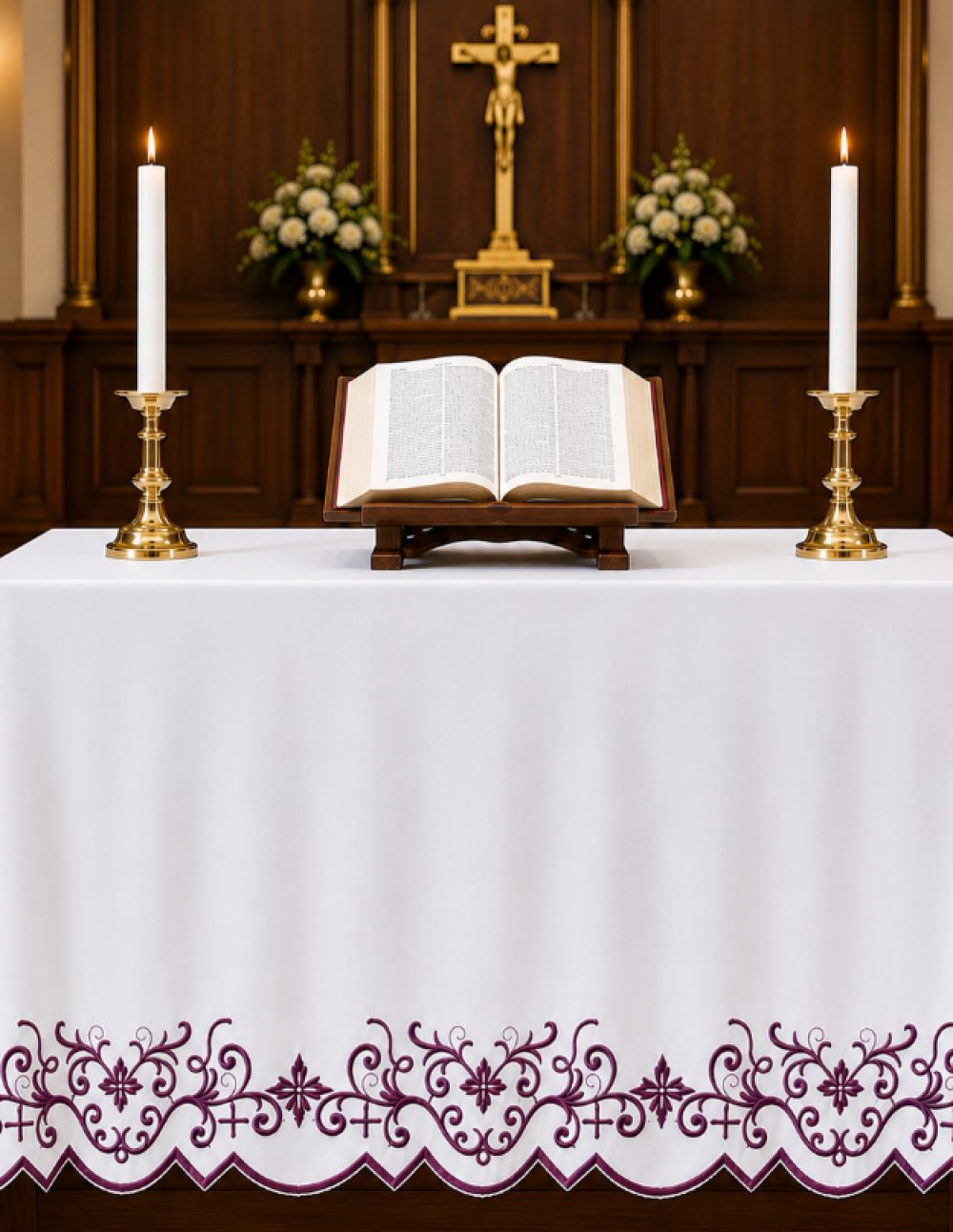 Scroll Vine & Cross Embroidered Altar Table Cover in Purple
