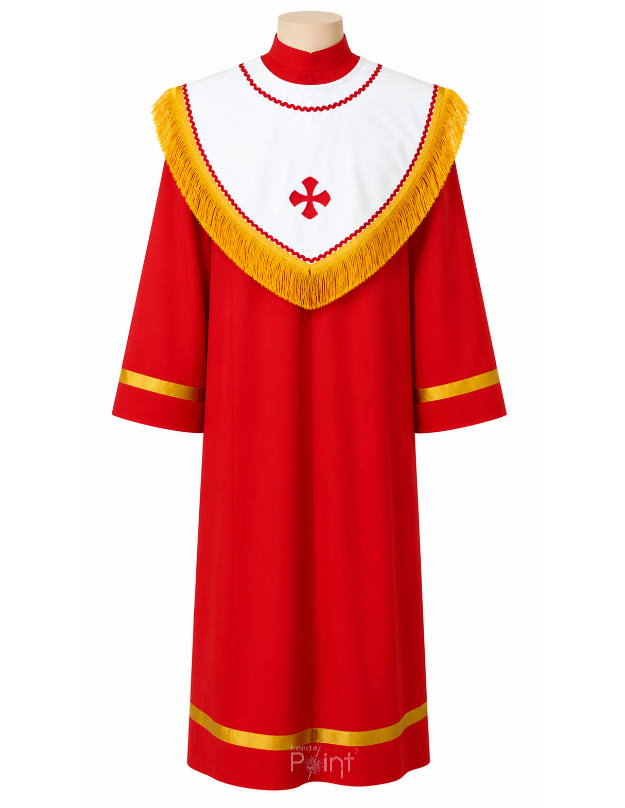 Red Altar Boy Dress with White Fringed Cape & Cross Embroidery | Church Vestment