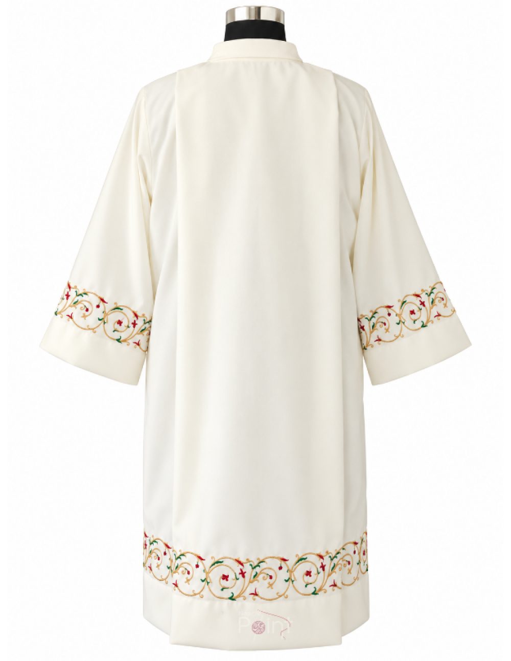 Cream surplice with gold floral scrollwork embroidery on sleeves and hem, back view on mannequin