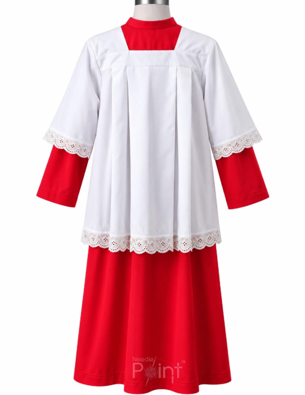 Red and white altar boys dress with eyelet lace trim, back view on mannequin