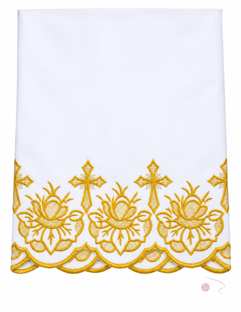White altar table cloth with gold machine-embroidered cross and floral border