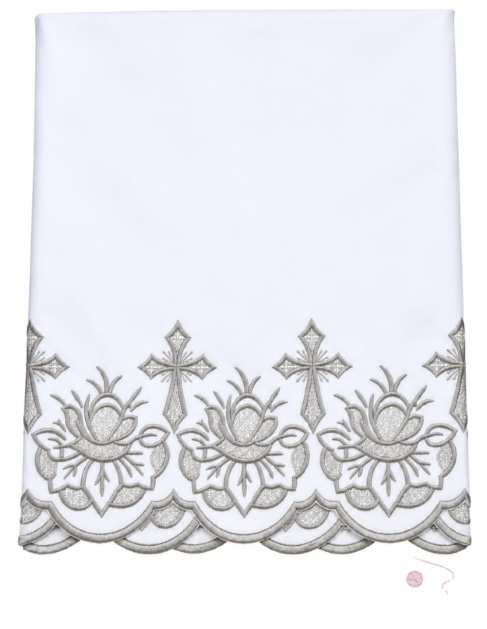 White altar table cloth with Silver machine-embroidered cross and floral border
