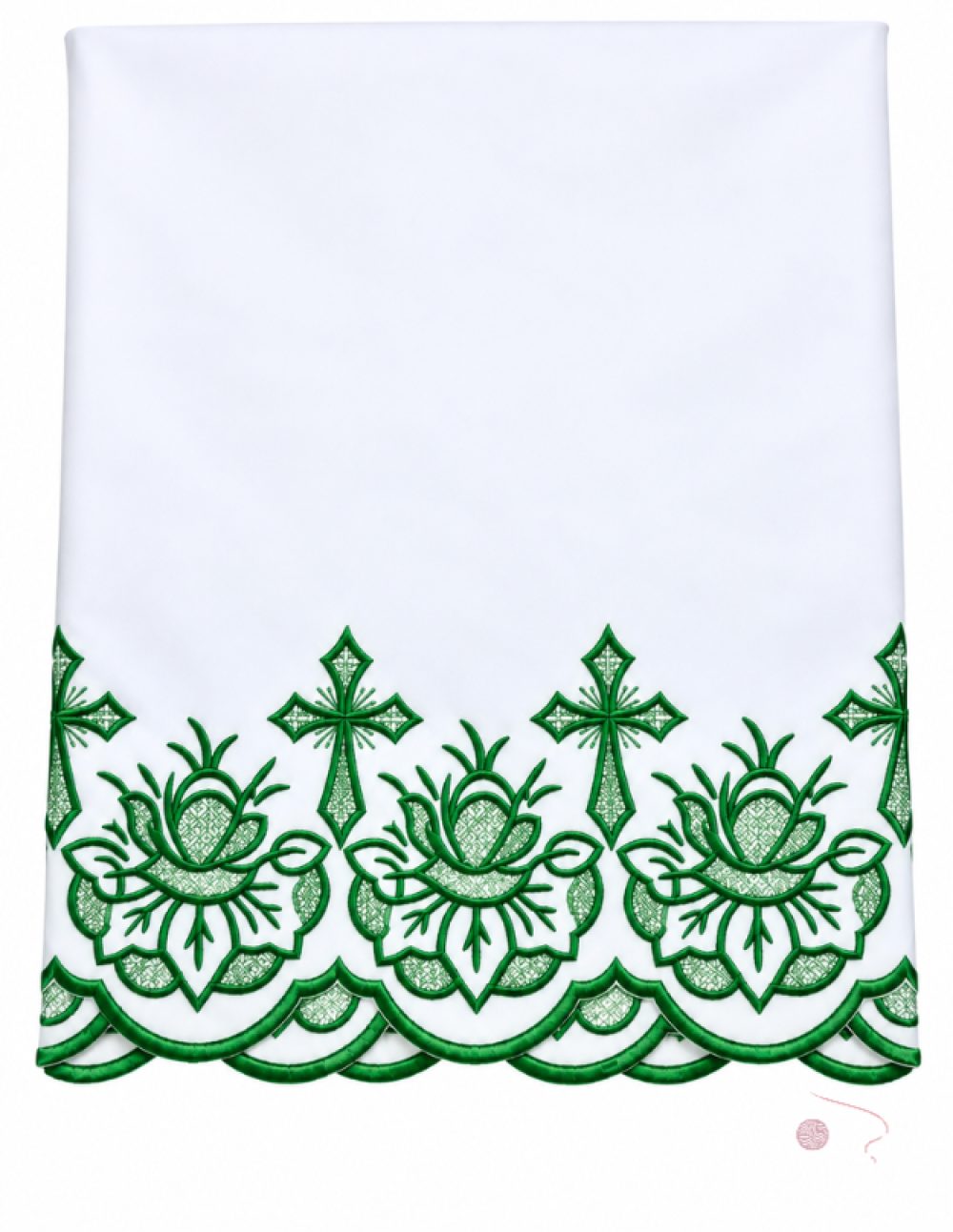 White altar table cloth with Green machine-embroidered cross and floral border