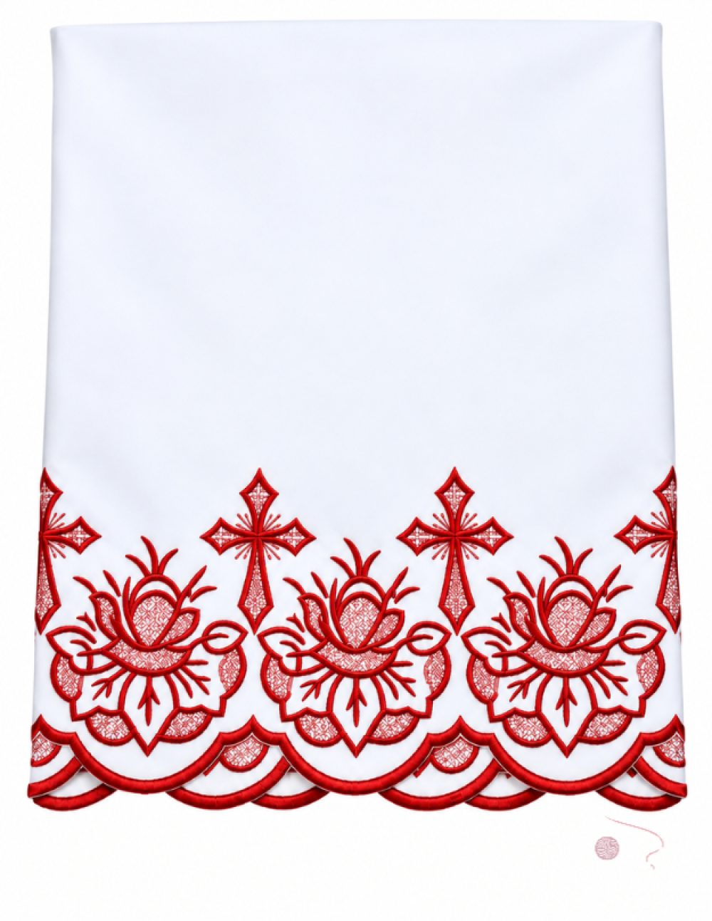 White altar table cloth with Red machine-embroidered cross and floral border