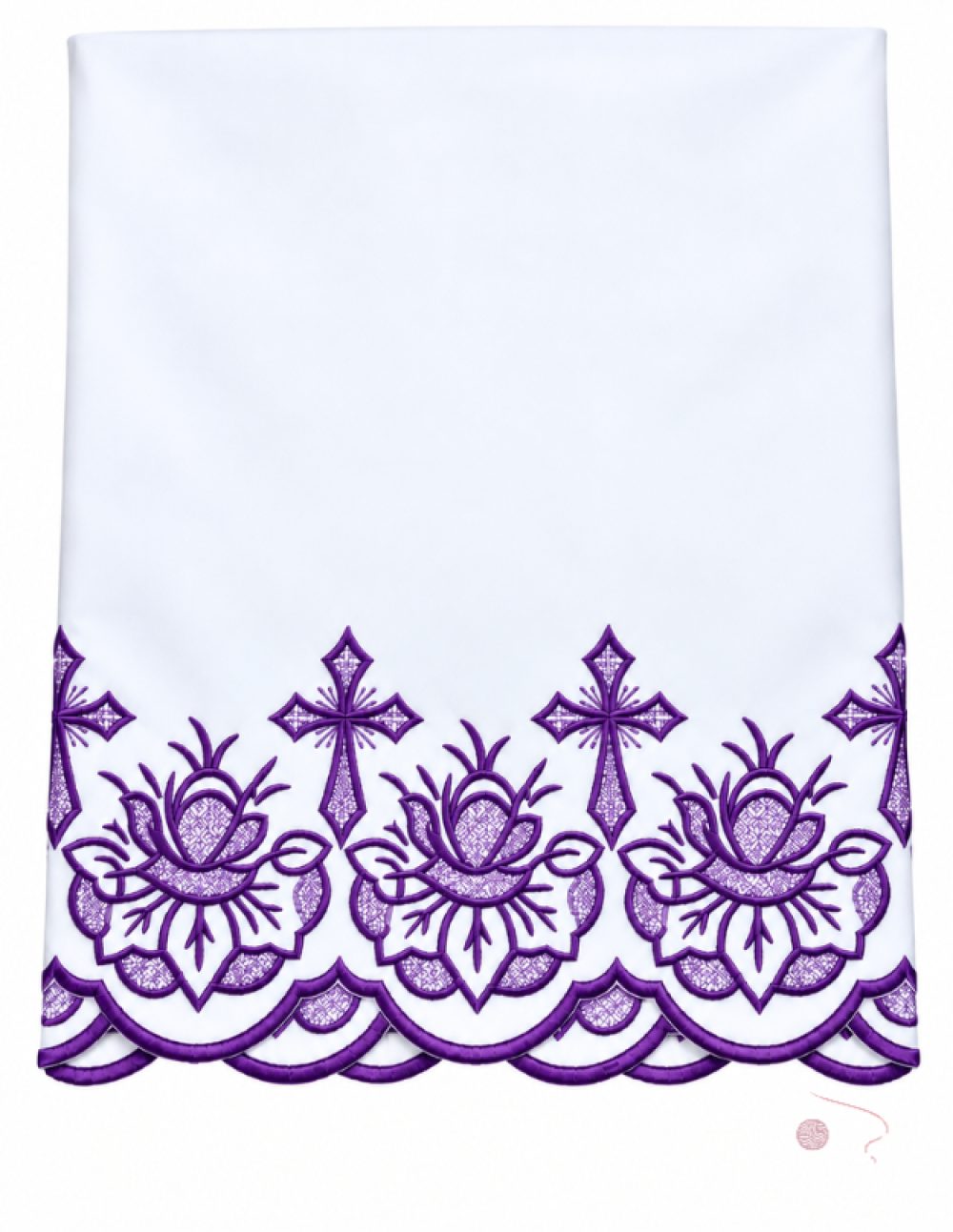 White altar table cloth with Purple machine-embroidered cross and floral border
