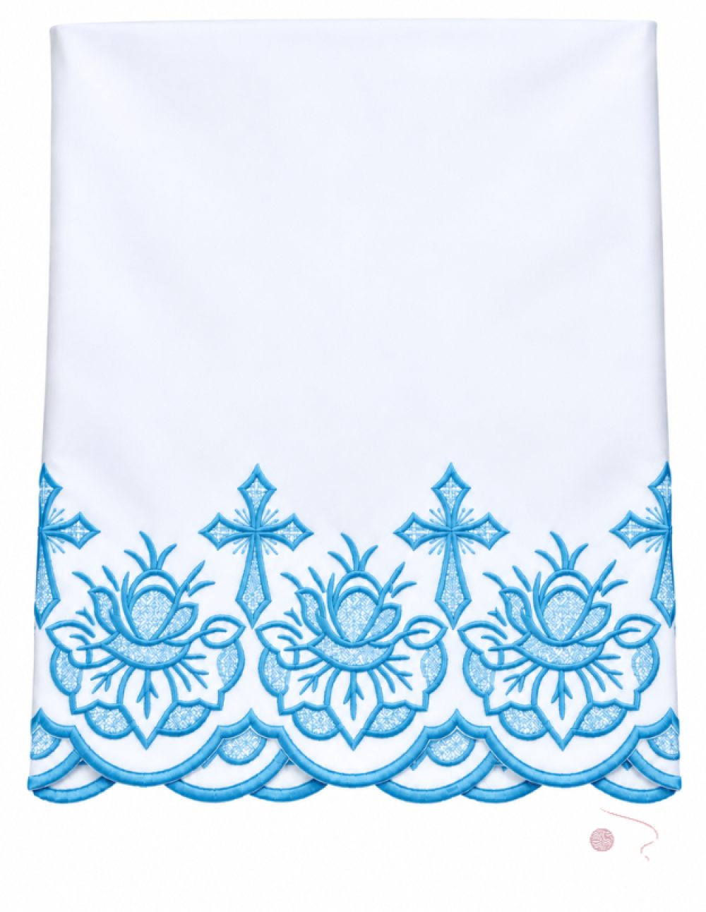 White altar table cloth with Blue machine-embroidered cross and floral border