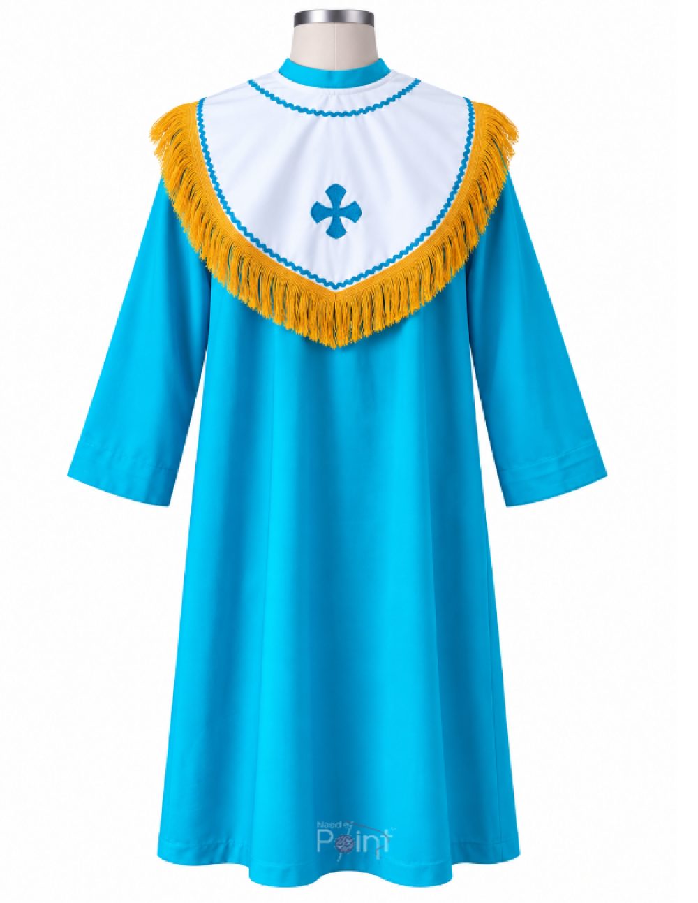 ky blue altar server dress with white fringed collar and cross embroidery, back view