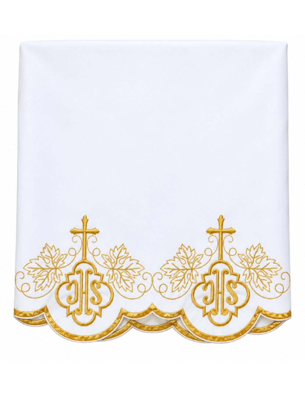 .5 meter white altar table cloth with gold machine-embroidered vine leaf and IHS border
