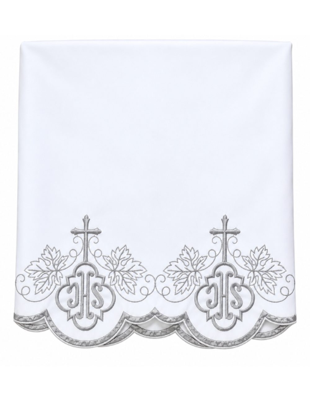 2 meter white altar table cloth with silver machine-embroidered vine leaf and IHS border