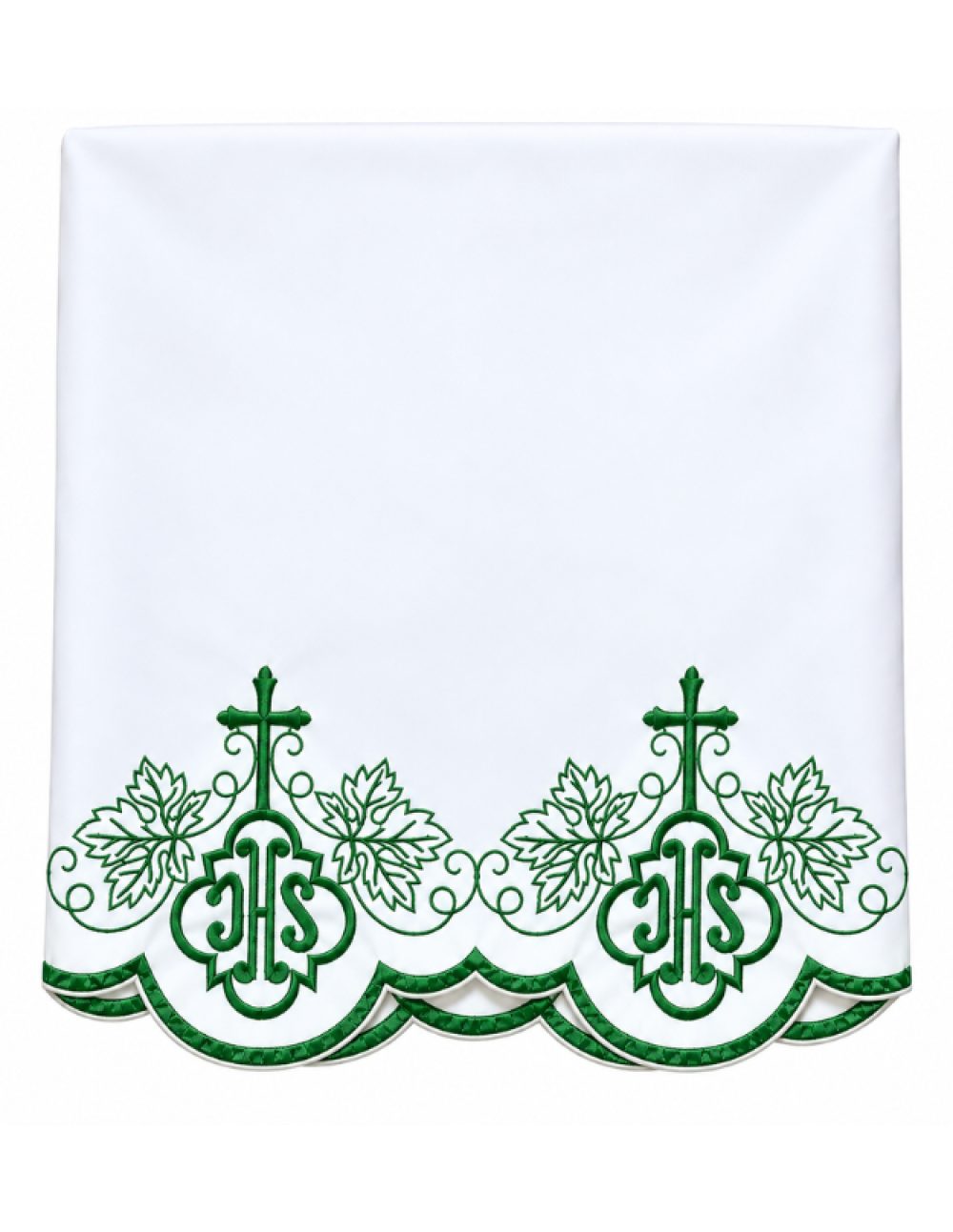 2.5 meter white altar table cloth with green machine-embroidered vine leaf and IHS border
