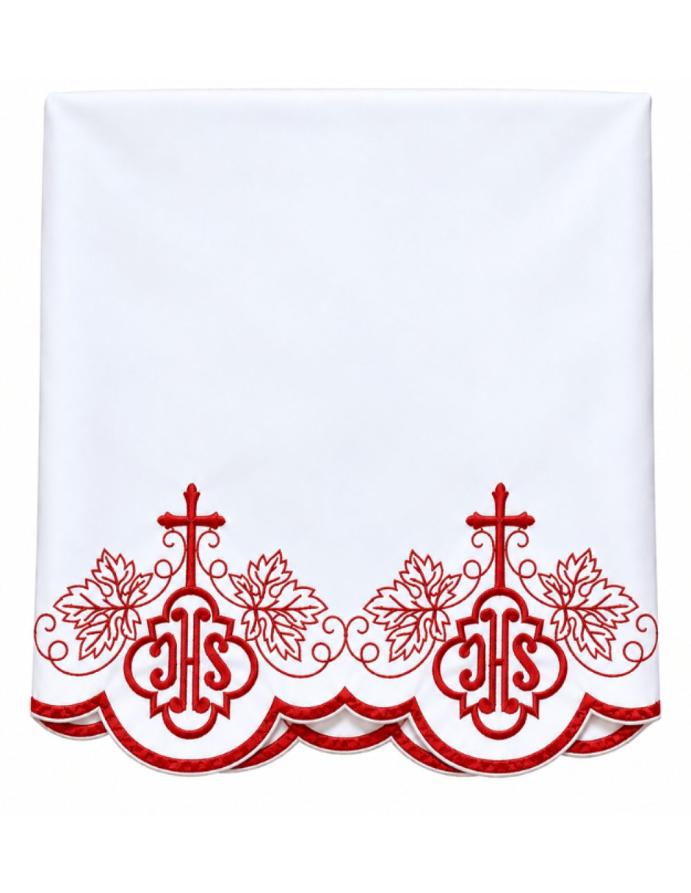 3 meter white altar table cloth with red machine-embroidered vine leaf and IHS borde