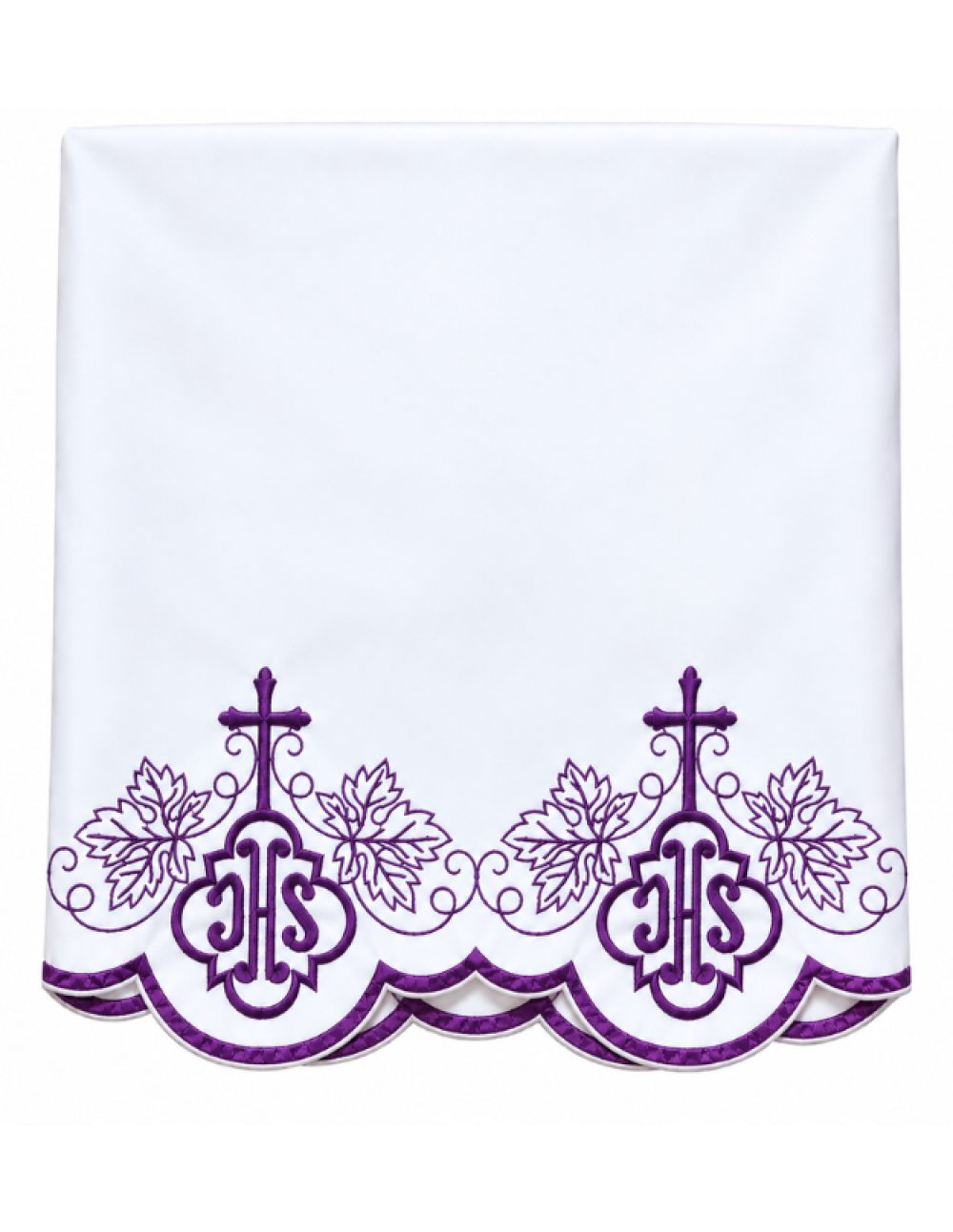 3.5 meter white altar table cloth with purple machine-embroidered vine leaf and IHS border