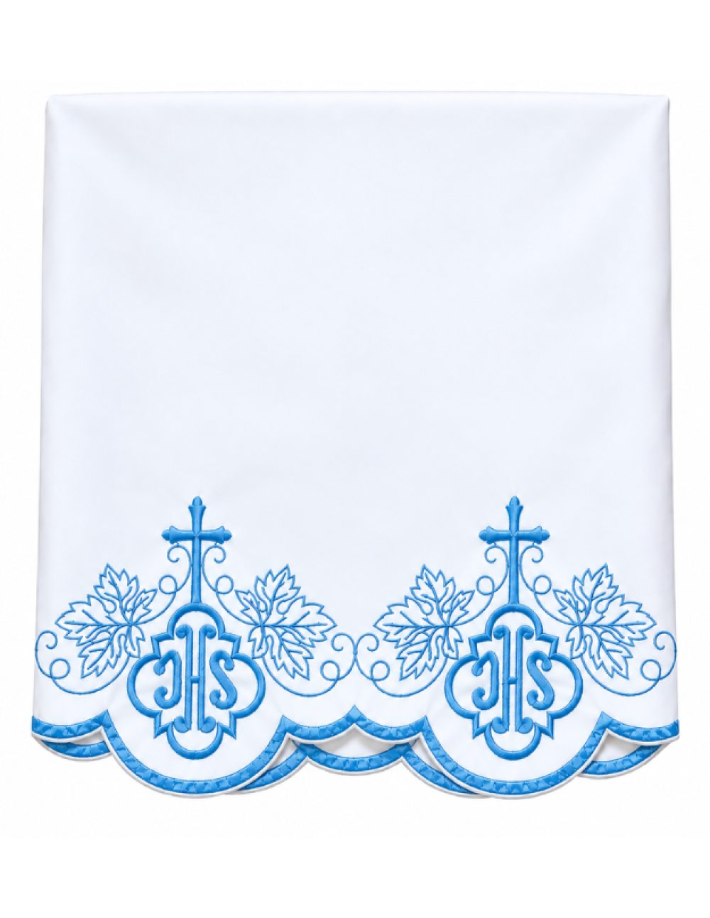 4 meter white altar table cloth with blue machine-embroidered vine leaf and IHS border