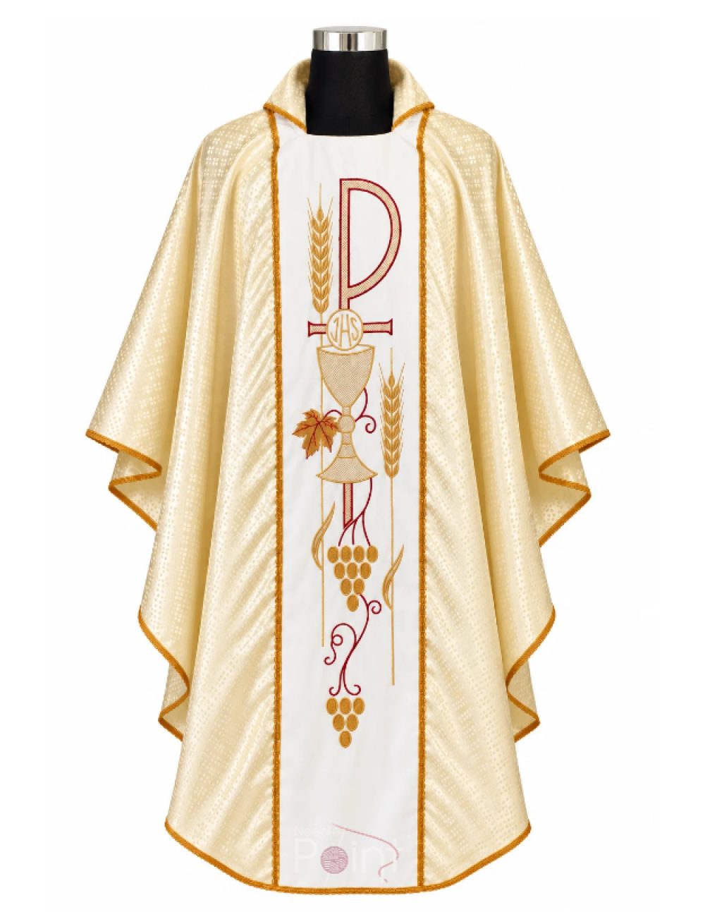 Gold damask chasuble with cream orphrey panel and red-gold Chi-Rho, chalice embroidery, front view