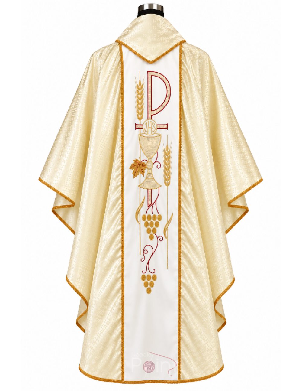 Gold damask chasuble with cream orphrey panel and red-gold Chi-Rho, chalice embroidery, back view