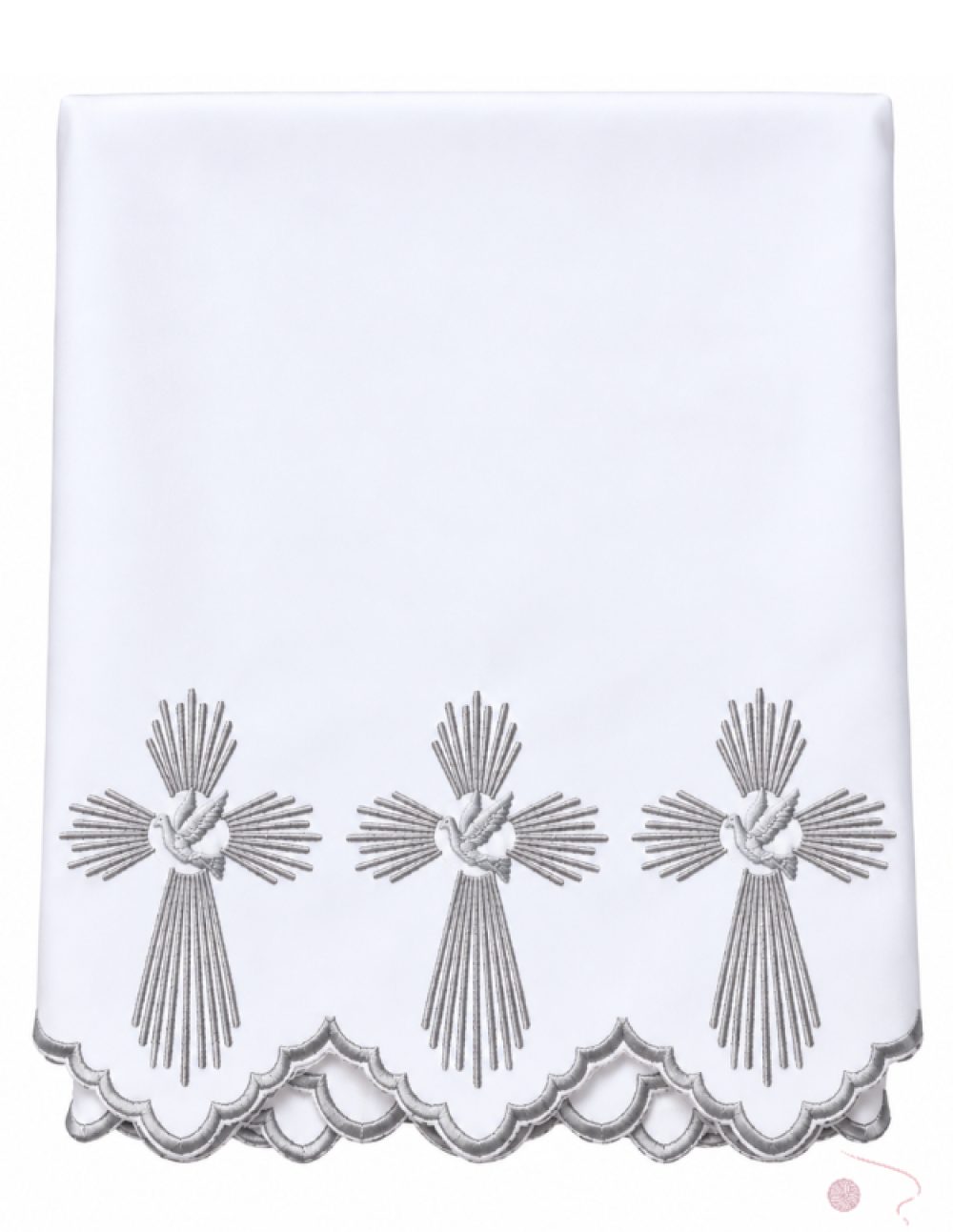 2 meter white altar table cloth with silver machine-embroidered dove and radiant cross border