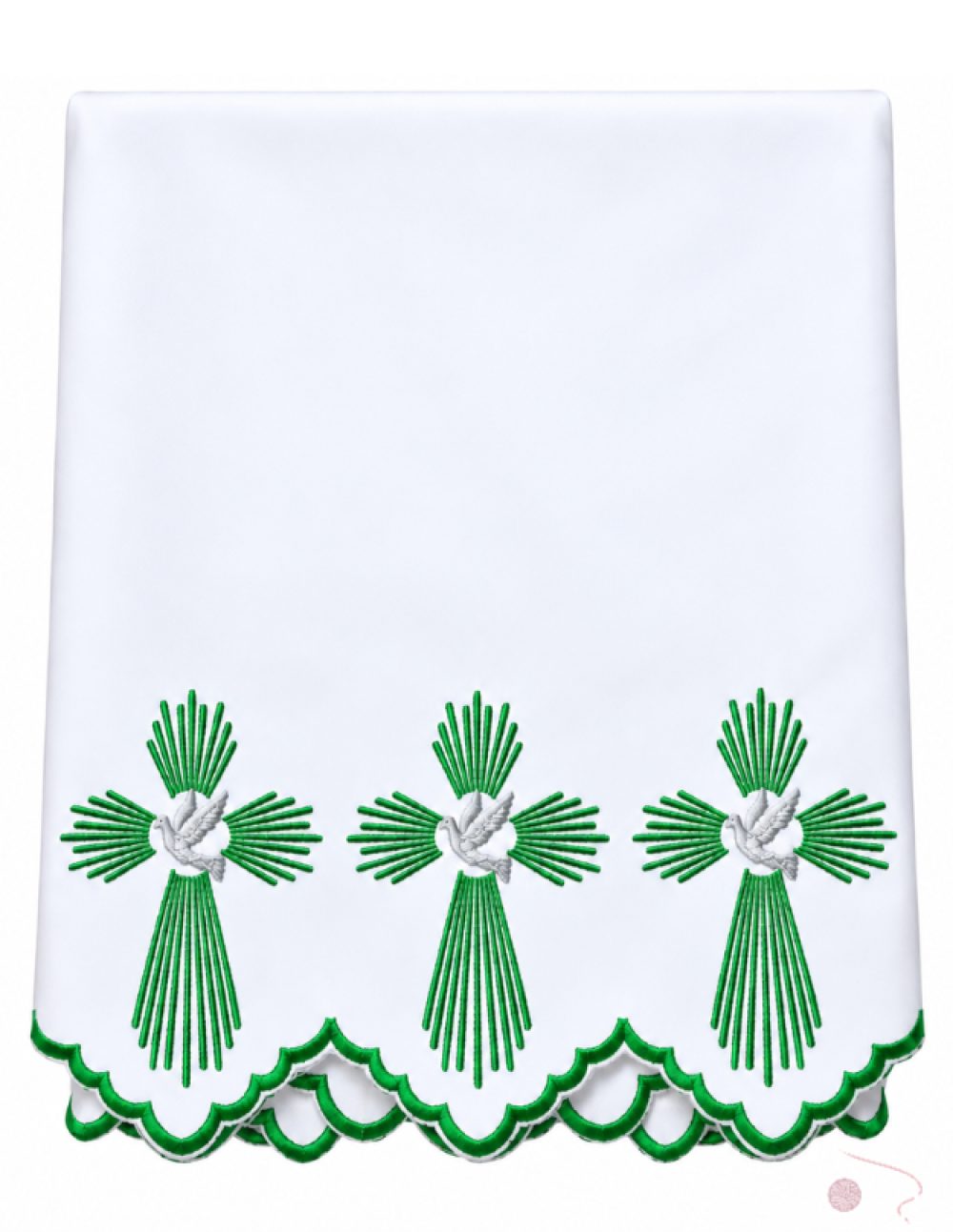 2.5 meter white altar table cloth with green machine-embroidered dove and radiant cross border