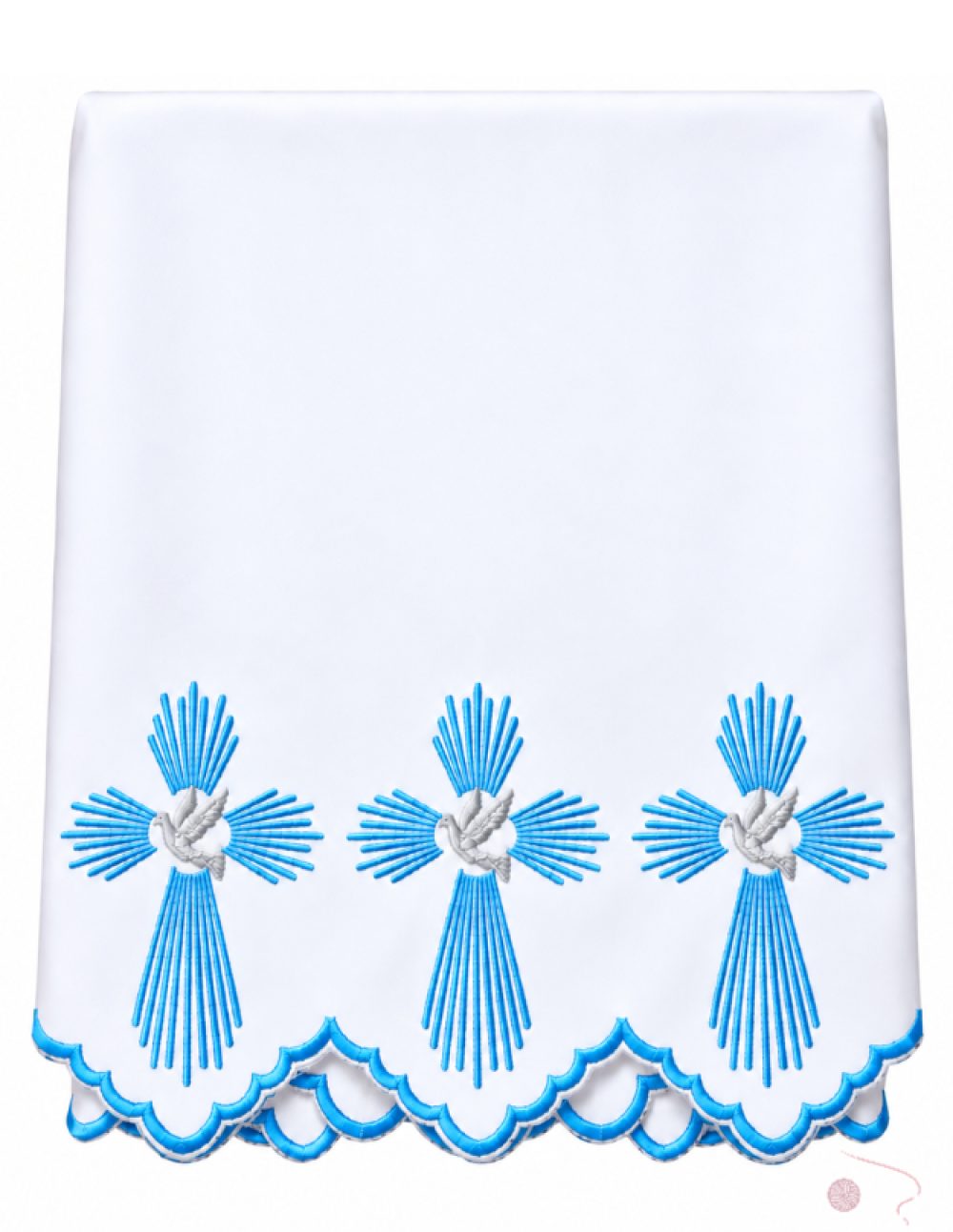 4 meter white altar table cloth with blue machine-embroidered dove and radiant cross border