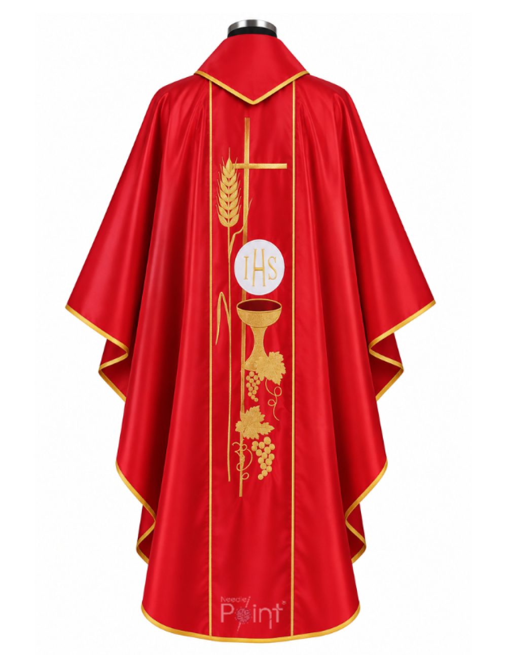 Red chasuble with gold chalice and eucharistic embroidery, back view on mannequin
