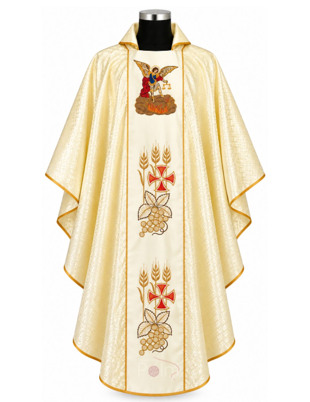 Gold damask chasuble with St. Michael the Archangel, red cross and grapevine embroidery, front view